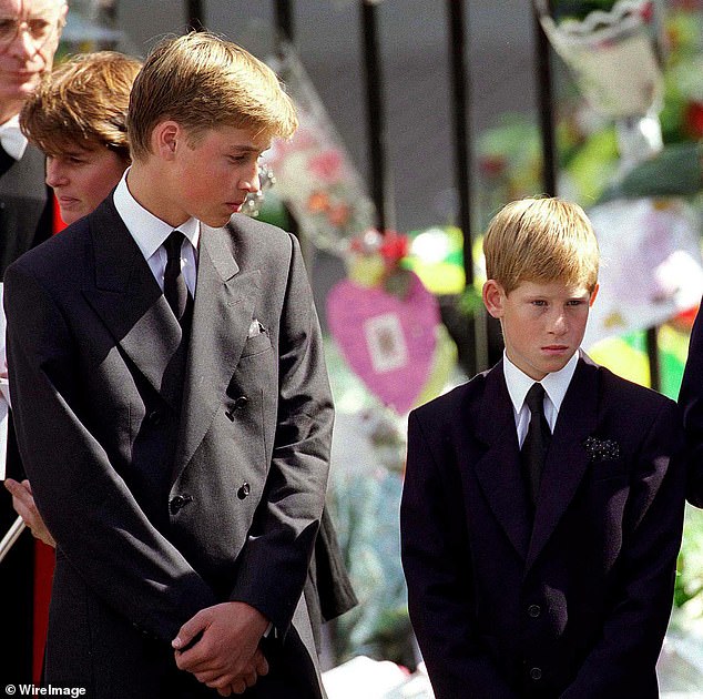 Prince William and Prince Harry at the funeral of their mother Princess Diana in September 1997