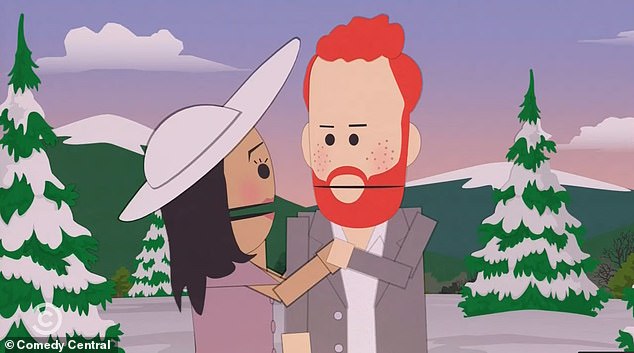 In the episode, Meghan and Harry are depicted as a red-headed prince and his wife from Canada who become frustrated with public attention after a family feud