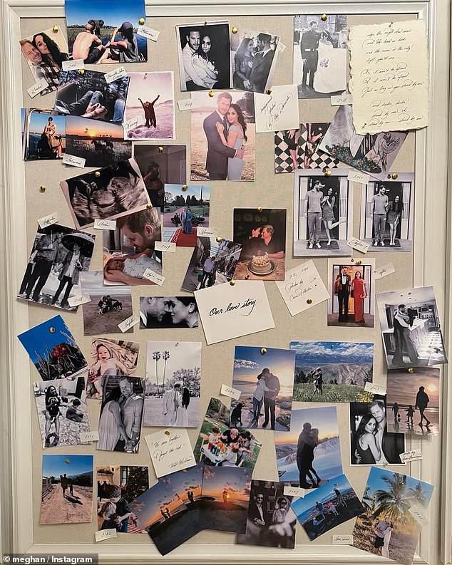 Meghan's Instagram post featured a mood board covered in photographs of her and Harry throughout different stages of their 'love story'