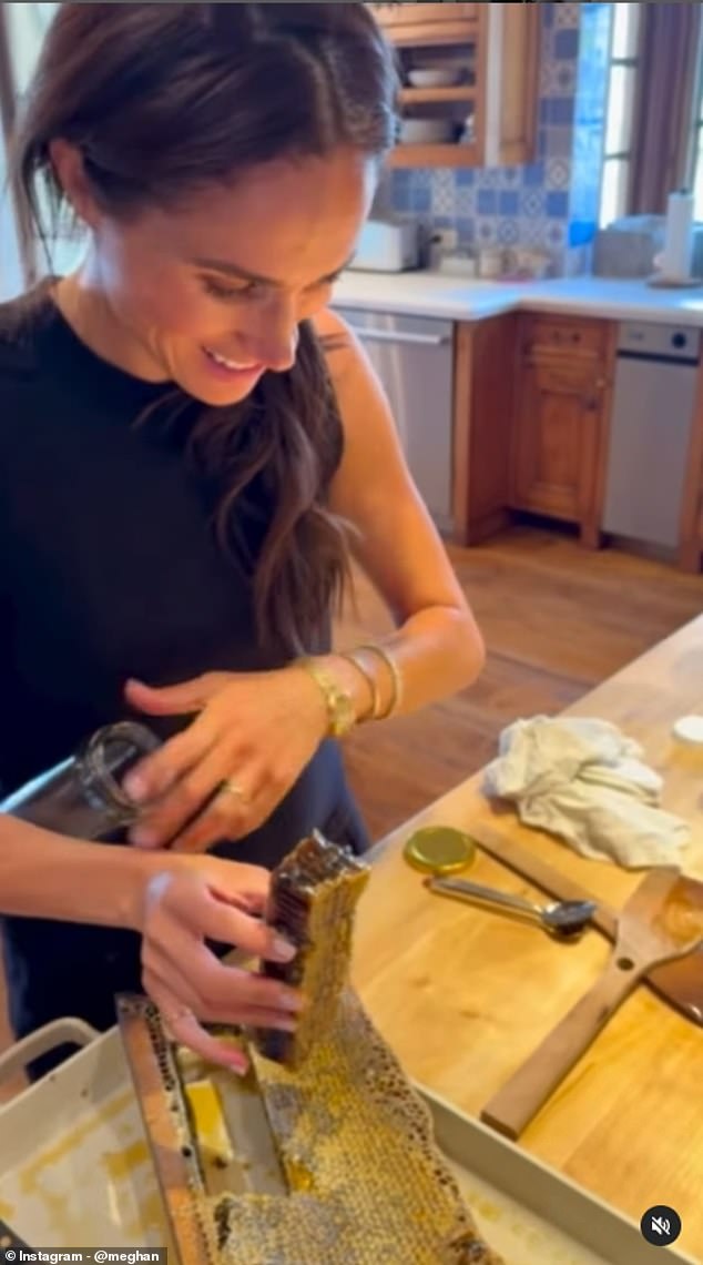 The longer version includes footage of Meghan. 43, cutting out a slice of honeycomb before storing it in a glass jar