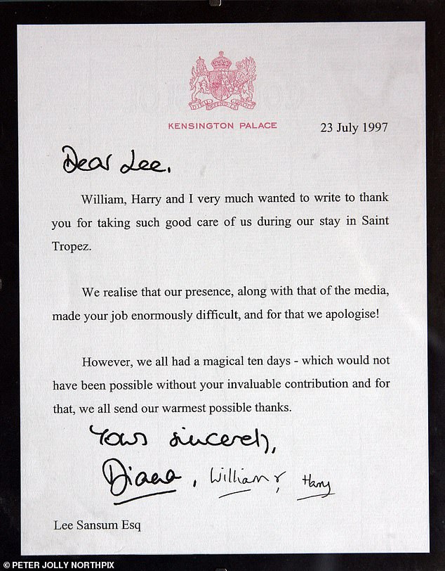 The letter Diana sent Lee after the trip in St Tropez, thank him for his service, which Lee is said to have treasured dearly