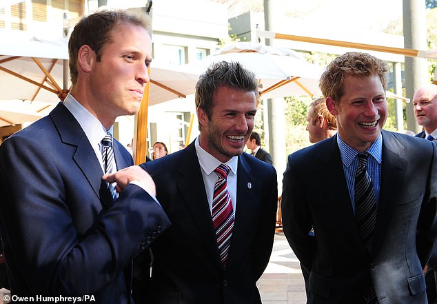 The Beckhams were once said to be close to Prince Harry and Meghan. David is pictured with Prince William and Prince Harry in 2010