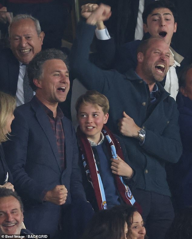 Prince William was surrounded by old friends - including Thomas von Straubenzee, 42, pictured left, at a football match in April