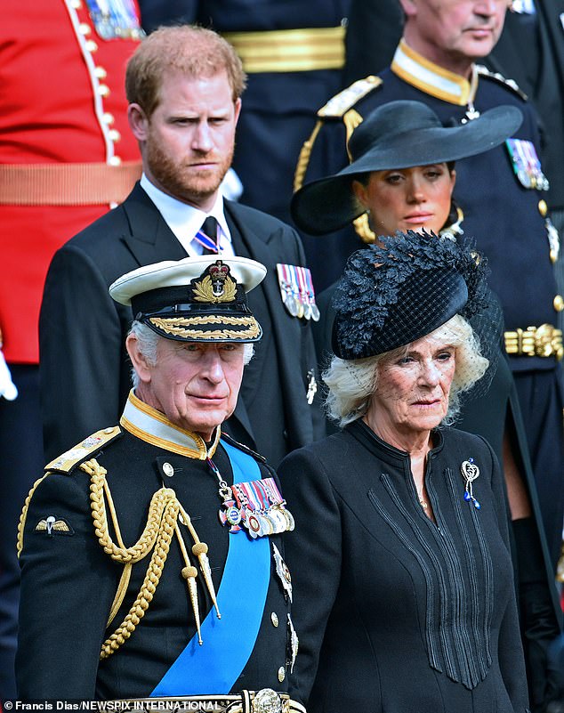 Harry and Meghan alongside Charles and Camilla at the Queen's funeral in September 2022. Charles called Meghan 'Tungsten' which he intended as a compliment