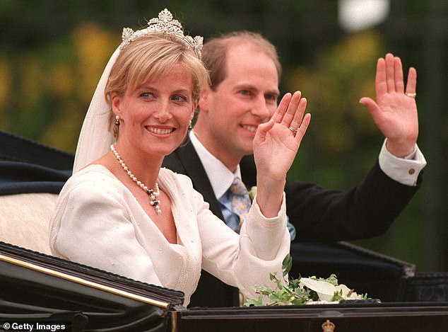 Pictured: Prince Edward and Sophie Rhys-Jones on their wedding day in June 1999. The couple married in St George's Chapel in Windsor