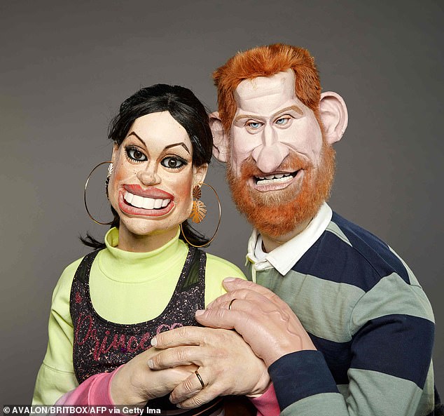 Meghan, Duchess of Sussex, and Prince Harry, Duke of Sussex, as seen on the satirical show Spitting Image in 2020