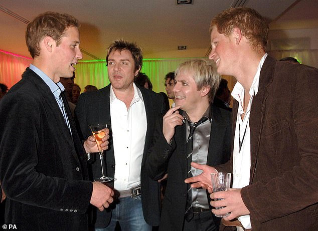 William (left) and Harry (right) are seen with Duran Duran members Simon Le Bon (centre left) and Nick Rhodes (centre right) at the reception following the Concert for Diana