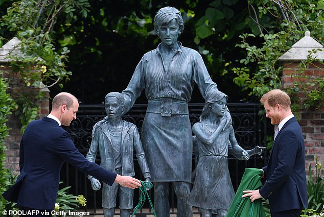 William and Harry unveil a statue of their mother in the Sunken Garden at Kensington Palace on July 1, 2021, which would have been her 60th birthday