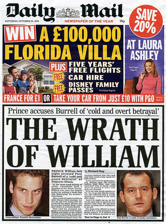 The front page of the Daily Mail on October 25, 2003, is pictured, featuring Richard Kay's report of the conflict between Diana's sons and Paul Burrell