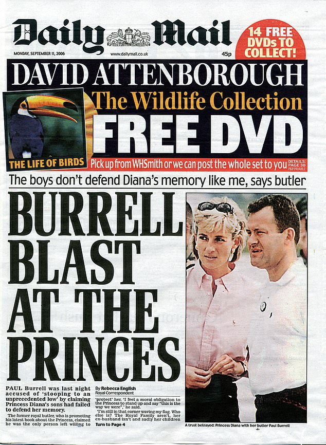 The front page of Daily Mail is pictured from September 11, 2006, featuring Rebecca English's report that Paul Burrell was accused of 'stooping to an unprecedented low' by claiming Princess Diana's sons had failed to defend her memory