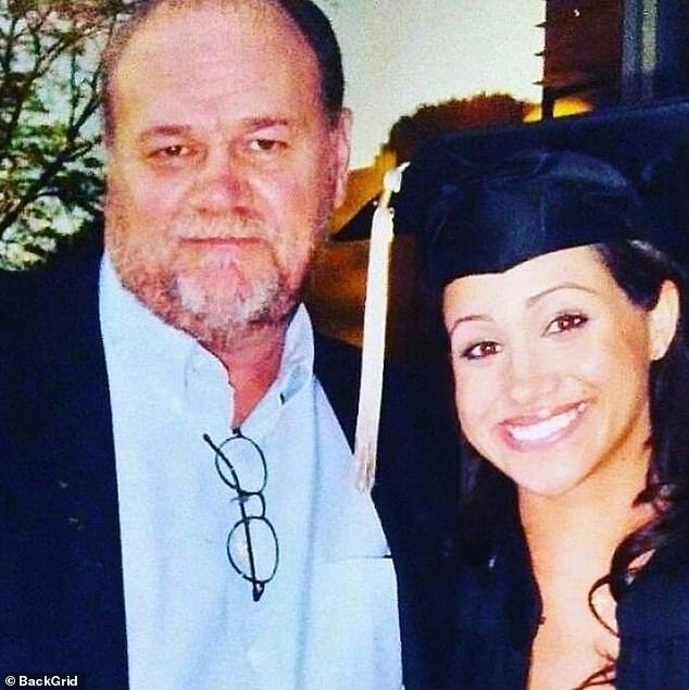 Meghan Markle with her father, Thomas Markle, at her college graduation. Thomas' actions caused his son-in-law Prince Harry to declare that the father of the bride caused 'chaos' in the days before the wedding