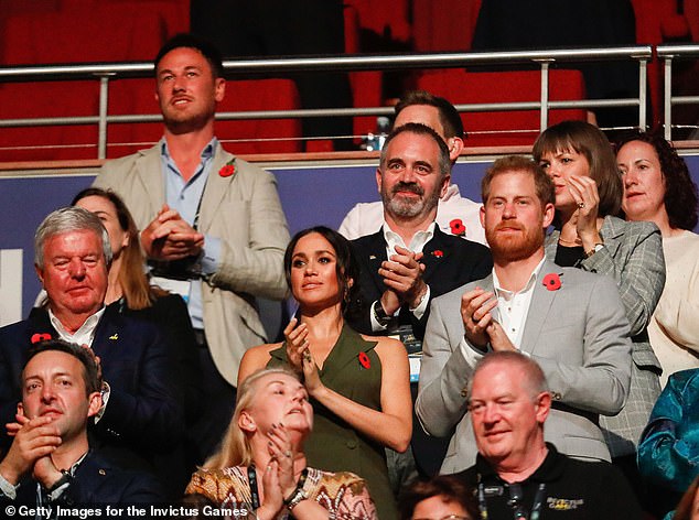 Liam Maguire, who runs the Sussexes' PR team in the UK, is pictured here top left as the Duke and Duchess of Sussex attend the Invictus Games closing ceremony in October 2018 in Sydney