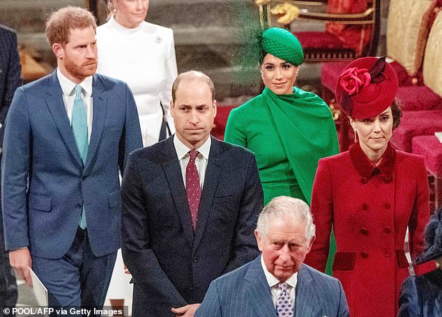 The Royal Family reportedly had 'zero trust' in Prince Harry following his bombshell BBC interview earlier this year, an insider previously claimed (pictured: The Duke and Duchess of Sussex, the Prince and Princess of Wales and King Charles departing Westminster Abbey after attending a Commonwealth Service in 2020)