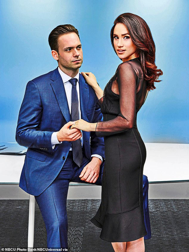 Meghan as Rachel Zane alongside her Suits co-star Patrick J Adams