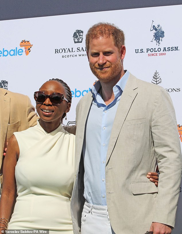 The Duke of Sussex with Sentebale chairwoman Sophie Chandauka during the Royal Salute Polo Challenge