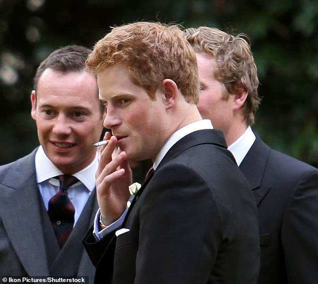 Harry smokes a cigarette at the wedding of Captain Nicholas Van Cutsem and Alice Hadden-Paton. Speaking at the GQ Men of the Year Awards in 2012 Liam said: 'I'd like to party with Prince Harry. He's cool'