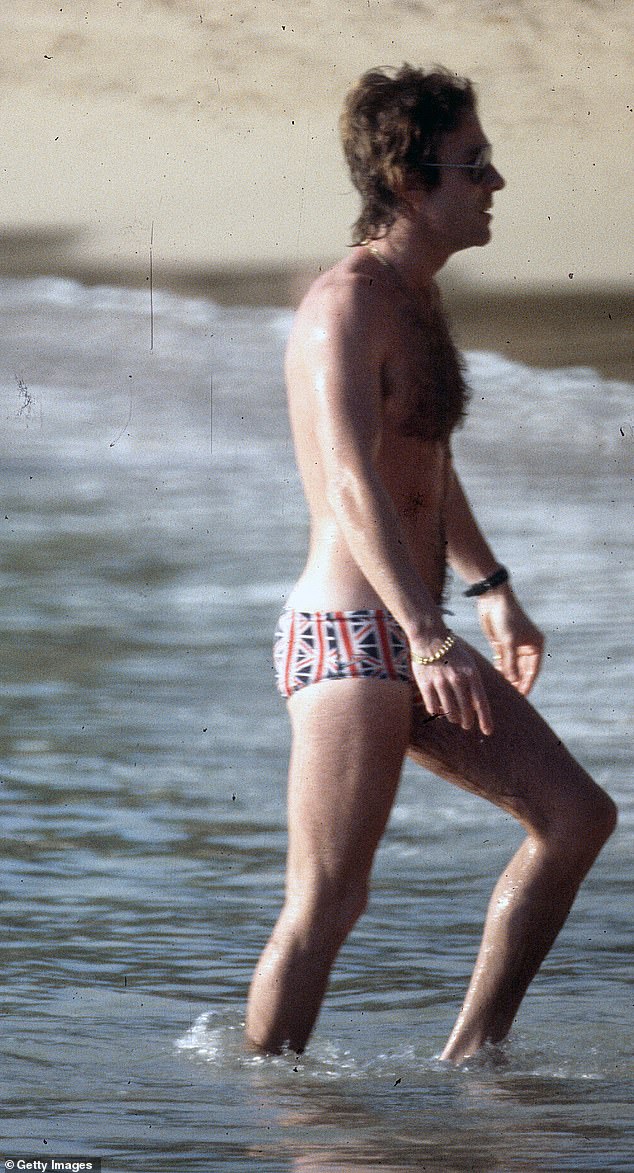 Roddy Llewellyn sporting union jack budgie smugglers while on the island of Mustique in 1976