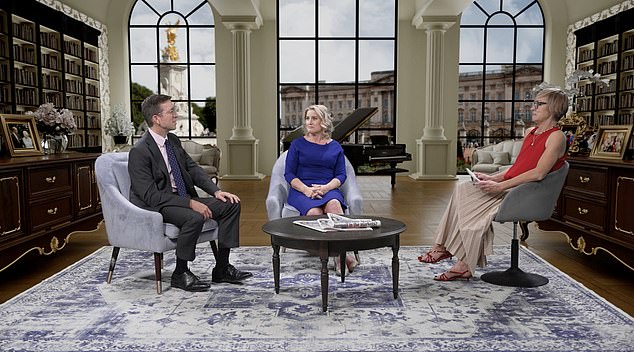 Rebecca (centre) stars on the hit royal YouTube show alongside host Jo Elvin (right) and Richard Eden (left), the Daily Mail's Diary Editor