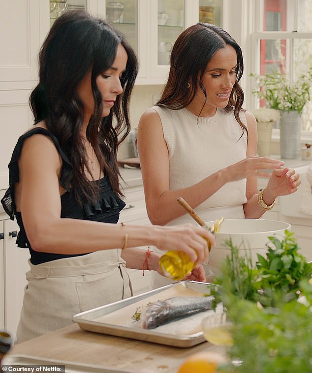 Abigail Spencer who appeared on Suits alongside Meghan Markle posted a gushing birthday tribute to her friend on Instagram (pictured L-R: Abigail and Meghan are pictured while appearing on an episode of the Netflix show, With Love, Meghan)