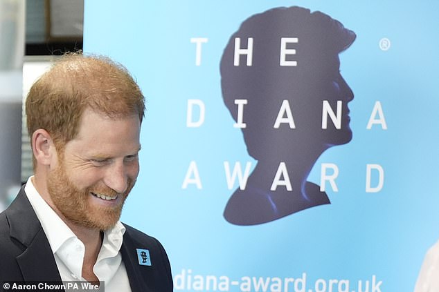 The Duke of Sussex during a visit to take part in a panel discussion on how social action positively impacts mental health with four young people involved with The Diana Award, in Salisbury Square, central London, today