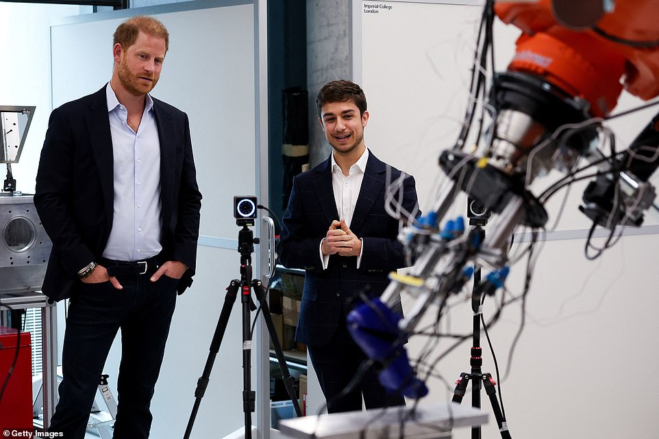 Mr Henson lost both his legs above the knee after standing on an improvised explosive device in 2011 while clearing a compound in Afghanistan. He went on to gain a PhD in Amputee Biomechanics at Imperial. Harry opened the Centre for Blast Injury Studies in 2013, which was the forerunner of Imperial's new centre which was launched a few years ago on its White City campus. Clinically-driven trauma injury research is carried out at the building, and the King visited in February to highlight support for injured soldiers in Ukraine. Harry's office said that his foundation has donated $500,000 (£370,000) to projects supporting injured children from Gaza and Ukraine, including helping the World Health Organization with evacuations and work developing prosthetics . The Duke visited the centre to learn more about its work, especially an increased focus on injuries suffered by children and those sustained in natural disasters.
