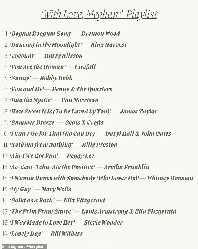 Meghan has shared the playlist she used while filming her Netflix cookery show - including a subtle reference in track 17 to her old lifestyle blog, The Tig