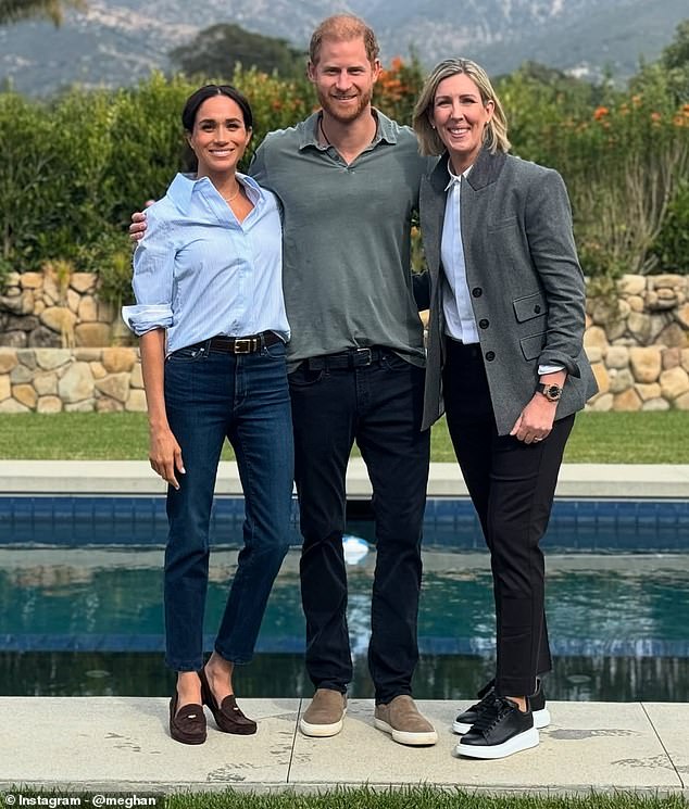 Other pictures in the carousel included Meghan and her husband, Prince Harry, posing with her guest, Chef Clare Smyth, who made the food for their 2018 wedding