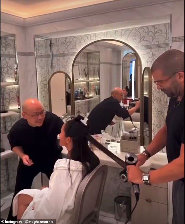 In preparation for Meghan's first appearance on European soil for more than two years, behind the scenes footage showed the Duchess' glamorous prep for the show, capturing glimpses of the team who worked tirelessly to help her achieve her desired look