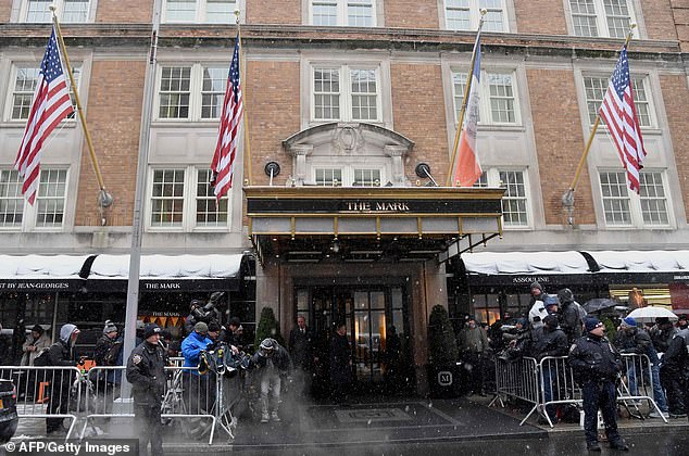 The shower was held at The Mark Hotel's Grand Penthouse, one of the establishment's most expensive suites, with five bedrooms, two bars, four fireplaces, six bathrooms, two powder rooms and a rooftop terrace with views over Central Park