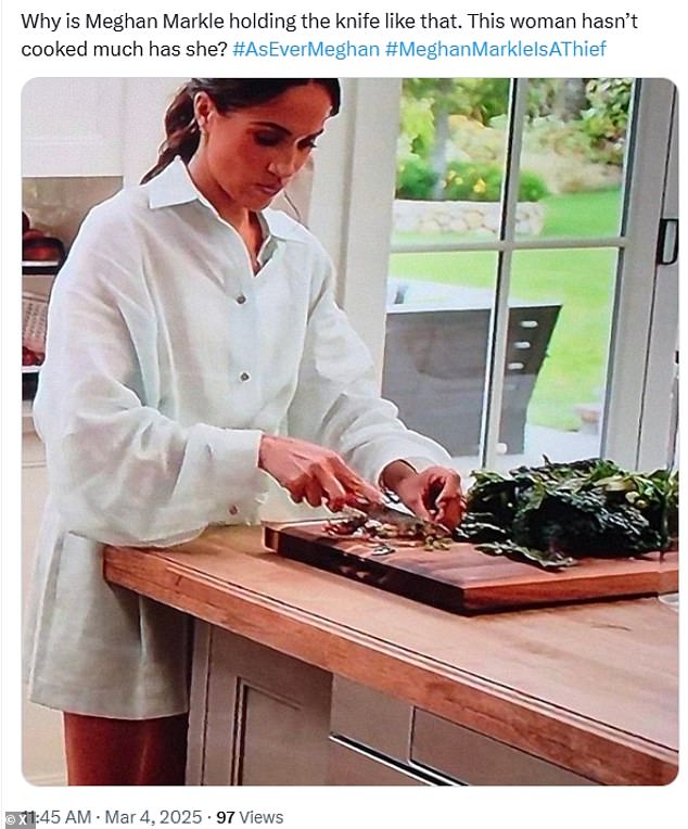 Taking to X, one shared a snap of the Duchess chopping away at some produce. 'Why is Meghan Markle holding the knife like that,' they questioned. 'This woman hasn¿t cooked much has she?'