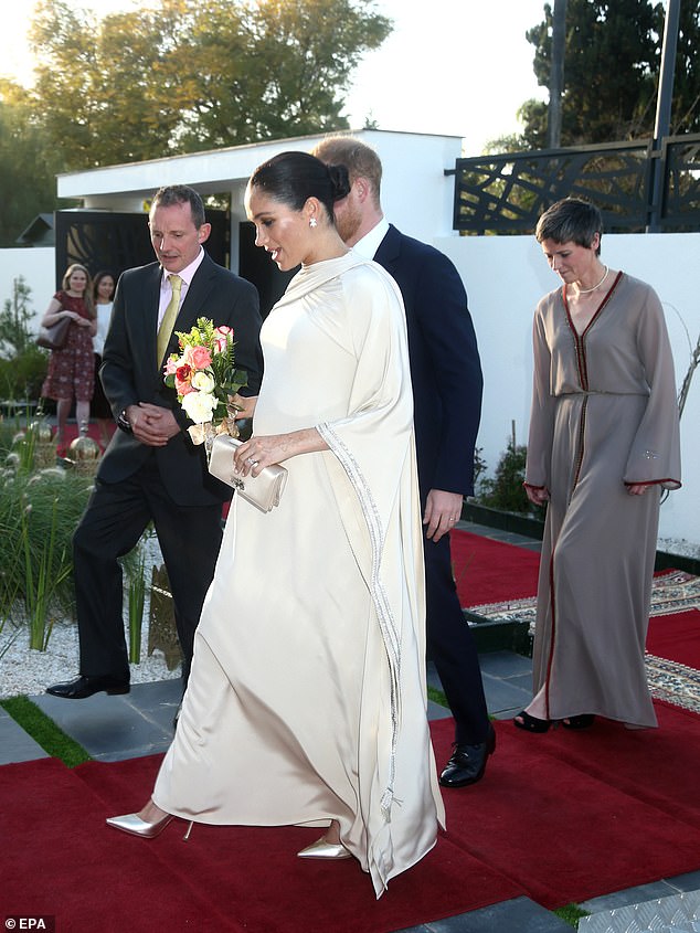 The Duchess of Sussex dazzled in a sweeping kaftan-inspired Dior gown for a reception at the British ambassador's residence in Morocco in 2019