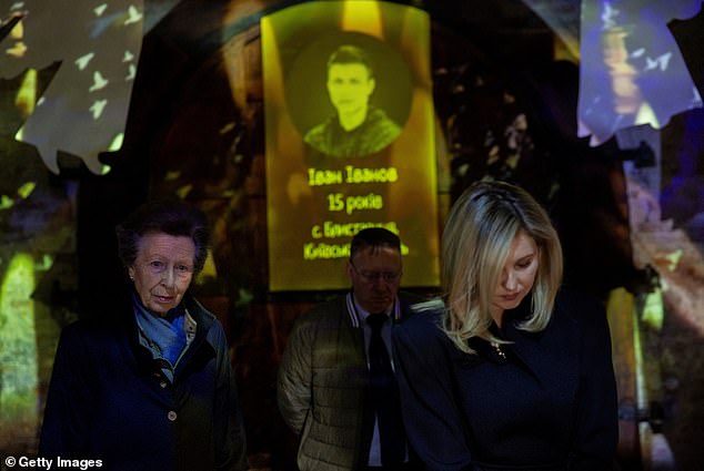 Princess Anne stands next to Ukraine's First Lady Olena Zelenska at a memorial for children who have been killed since the start of the conflict