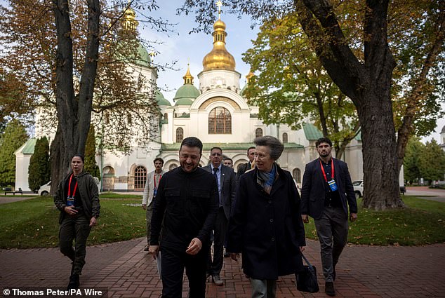 President Zelenskyy and Princess Anne share a smile as they meet at St Sophia's Cathedral in Kyiv