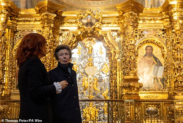 Princess Anne is shown around the St Sophia's Cathedral during her secret visit to Ukraine