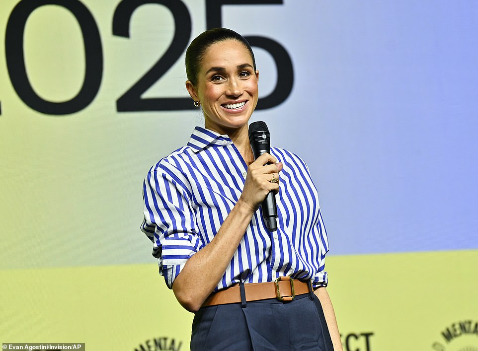 'She joins us to discuss the opportunities and challenges of life as a highly visible founder, as well as how she plans to leverage her significant influence to build a successful, long-lasting business empire.' In October 2020, Meghan spoke at Fortune's Most Powerful Women Next Gen Virtual Summit to discuss 'courageous leadership' and share how she learned to 'lead on a global stage'. She looked elegant in a $328 blue and white strappy dress from African American designer Tracy Reese's sustainable label Hope for Flowers for the occasion.