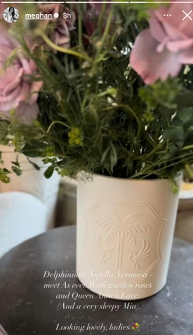 The former senior royal also made another royal nod when sharing an image of some flowers in her California home, describing the arrangement as 'Delphinium, Nigella, Veronica [...] with garden roses and Queen Anne's lace'
