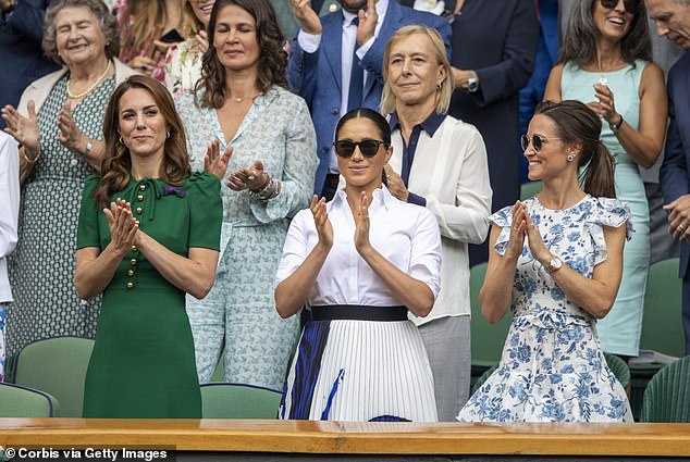 In September 2019, Meghan controversially boarded a private flight to New York to watch her old friend Serena Williams play in the US Open finals (Pictured: Meghan with Kate, Duchess of Cambridge, and Pippa Middleton in the Royal Box on Wimbledon's Centre Court in July 2019)