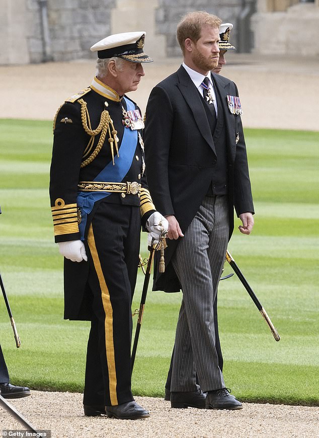 Prince Harry has previously voiced his hopes for a reconciliation with his family (pictured with King Charles at the funeral of the late Queen Elizabeth on September 19, 2022)