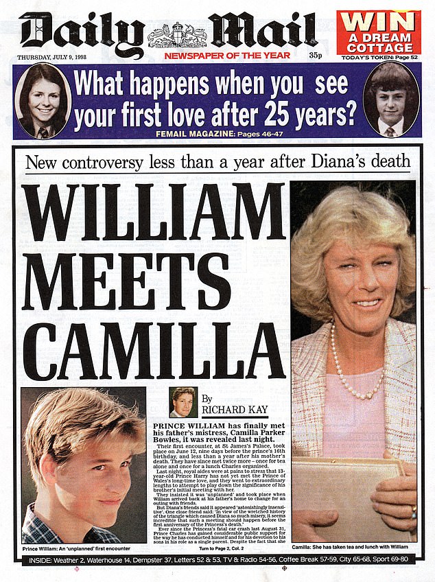 The Daily Mail front page on July 9 1998. The main story refers to the time William met Camilla for the first time in June 1998