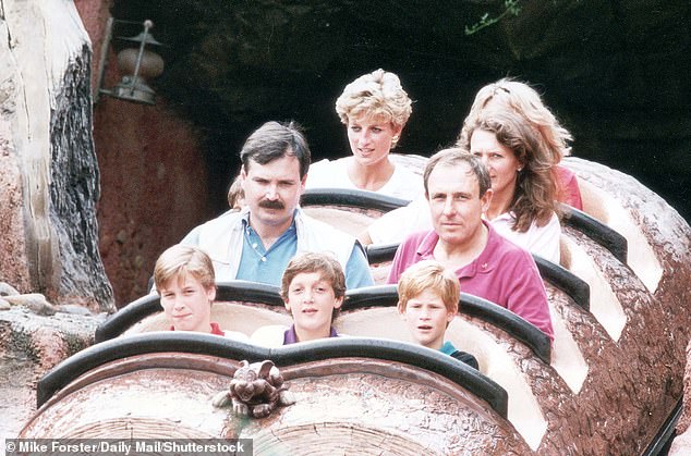 When he was eight-years-old, Harry joined his mother and brother on a trip to Disney World in Florida in 1993 (seen above bottom right, William bottom left, and Diana top left)