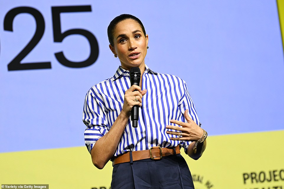 Meghan later got up as her husband watched on and introduced the second panel moderated by Katie Couric. She said: 'For this next panel we're going to turn to one of the most urgent questions facing families today: what's happening to childhood and how and what do we do to allow our children to just be children.' Following three panels of discussion, Meghan and Harry got up together, hugged some people who took part in the festival and left together to have lunch with Serena Williams at Soho House.