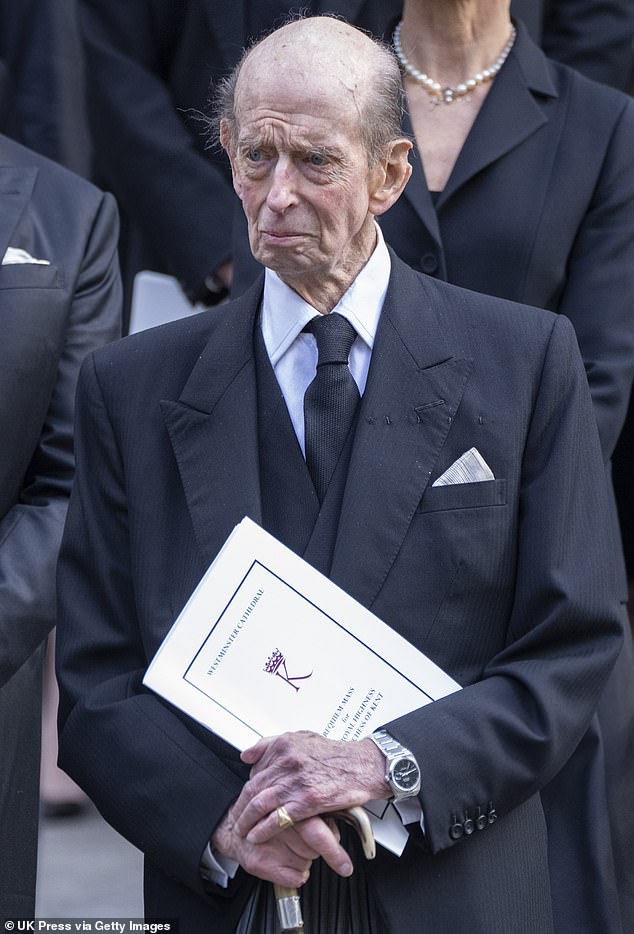 Prince Edward, Duke of Kent, is pictured at the funeral for his late wife, Katharine, Duchess of Kent, on Tuesday, September 6