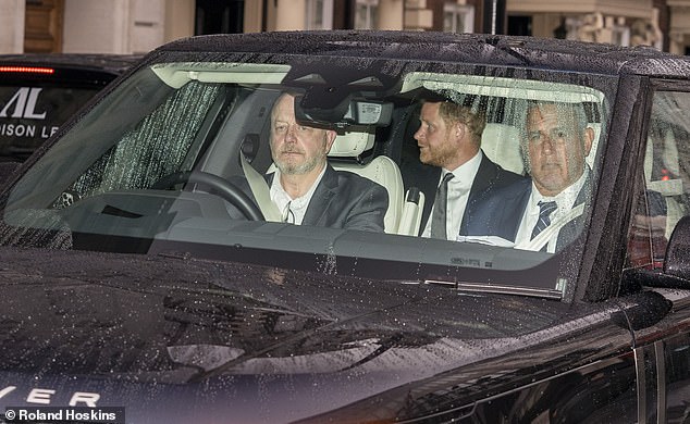 Harry also spent around 50 minutes having tea with King Charles at Clarence House on the Wednesday – their first face-to-face meeting in 18 months. Pictured: The Prince leaving the meeting