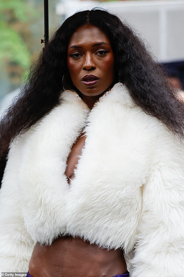 She also wore a pleated skirt in a vibrant royal purple velvet as she was snapped outside