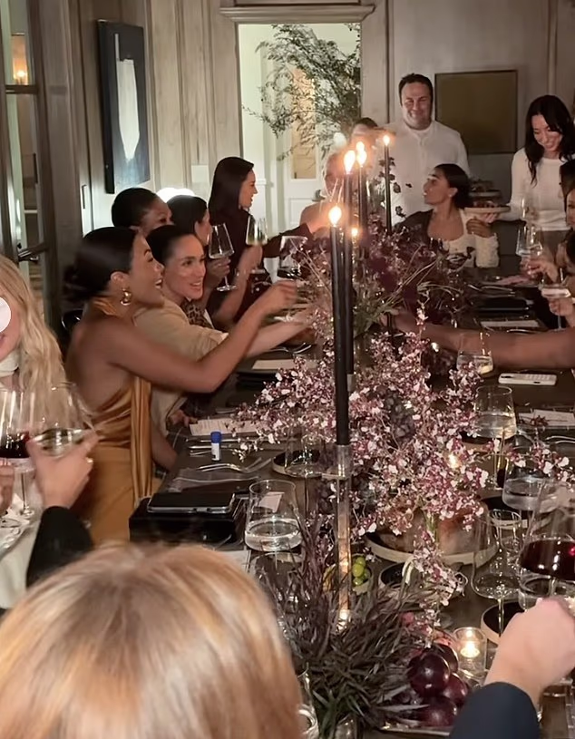 Guests clink glasses of Meghan's wine, which washed down an entirely plant-based dinner