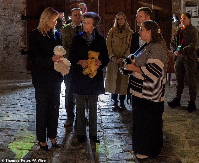 The traditional-looking teddy had a black and yellow ribbon tied in a bow around its neck. The Princess Royal is pictured with Ukraine's First Lady Olena Zelenska (left)