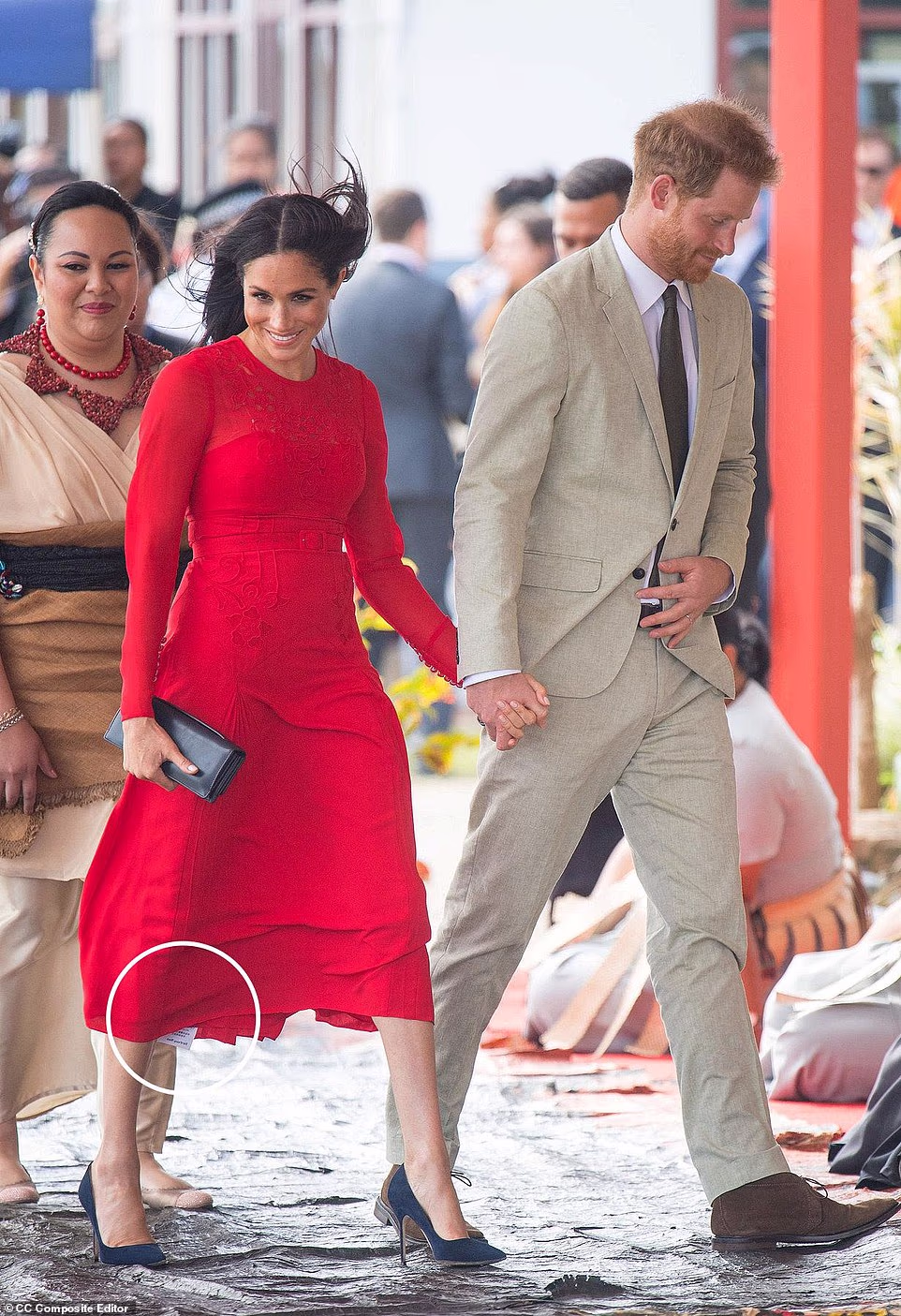 However, many have speculated that during those early years, Meghan was borrowing these designer pieces in a bid to meet the high standards of a royal ensemble while keeping up with her many engagements. The theory goes back to Meghan’s 2018 appearance with Prince Harry, when they touched down in the island of Tonga , south of Fiji , for their first overseas tour as a married couple. Noting the significance of the trip, royal fans were baffled to see the label of Meghan’s striking £380 Self Portrait dress fluttering in the wind as she disembarked from the aircraft and walked down the runway.
