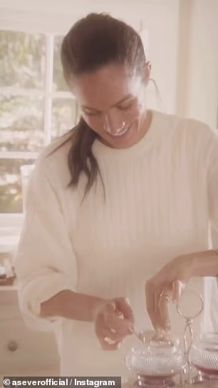 'Introducing Our 2025 Holiday Collection,' read the caption of the post. 'Gifts for giving and gathering, thoughtfully curated to elevate every occasion.' Pictured, Meghan in the clip