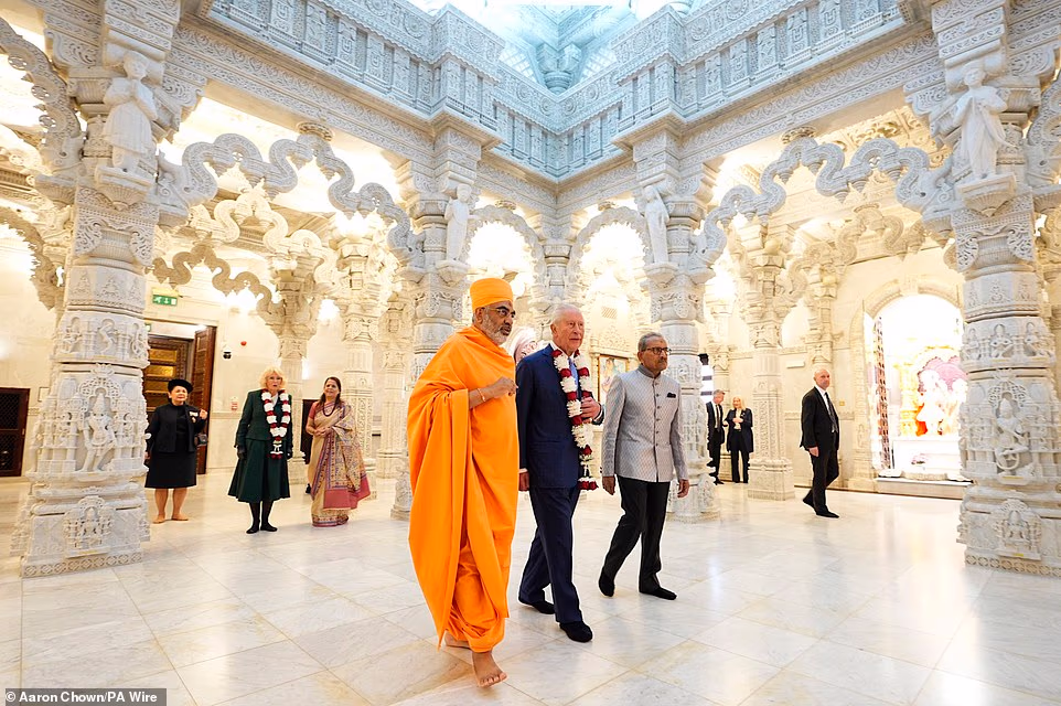 The pair were barefoot as they were guided around the bright white, ornately carved building which is made with 2,828 tons of limestone and 2,000 tons of marble, which was carved by a team of 1,526 sculptors. Their visit on its 30th anniversary also looked forward to the completion of BAPS Mandir in Paris, which will be the first traditional Hindu temple in France. They met architects and viewed a model of the temple which is currently under construction but due to be completed in September 2026. The Neasden temple is Europe's first traditional Hindu stone temple and was the largest to be built outside India at the time of its completion.