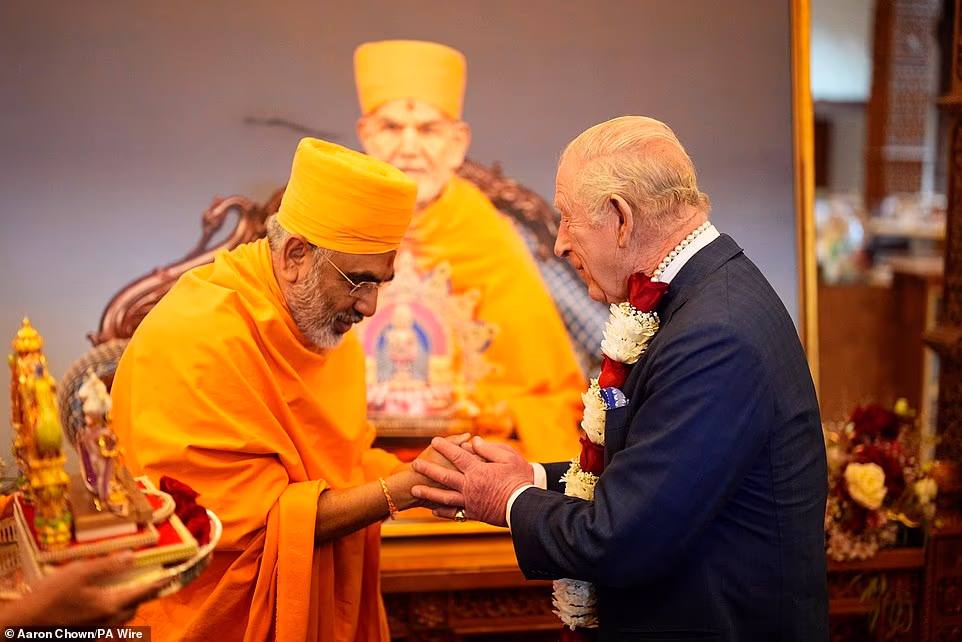 'Initially I was quite nervous but I'm grateful that the King has come to celebrate the anniversary,' he said, 'I bowed at him and he bowed back. I felt a sense of harmony when he came, like unity.' The Patel family from Watford said they were 'overjoyed' to perform the Abhishek for the visit. Hinal Patel, 41, said, 'It was an honour and a privilege to represent our temple to represent our community.' Her daughter, Aasha, 10, added, 'And to see the King and Queen.' Chirag Patel, 41, said, 'It was an honour for us as well to offer our prayers on behalf of the King and Queen as a family. 'We were praying for the King, Queen, the wider family, the whole nation really, just praying for peace and prosperity.'